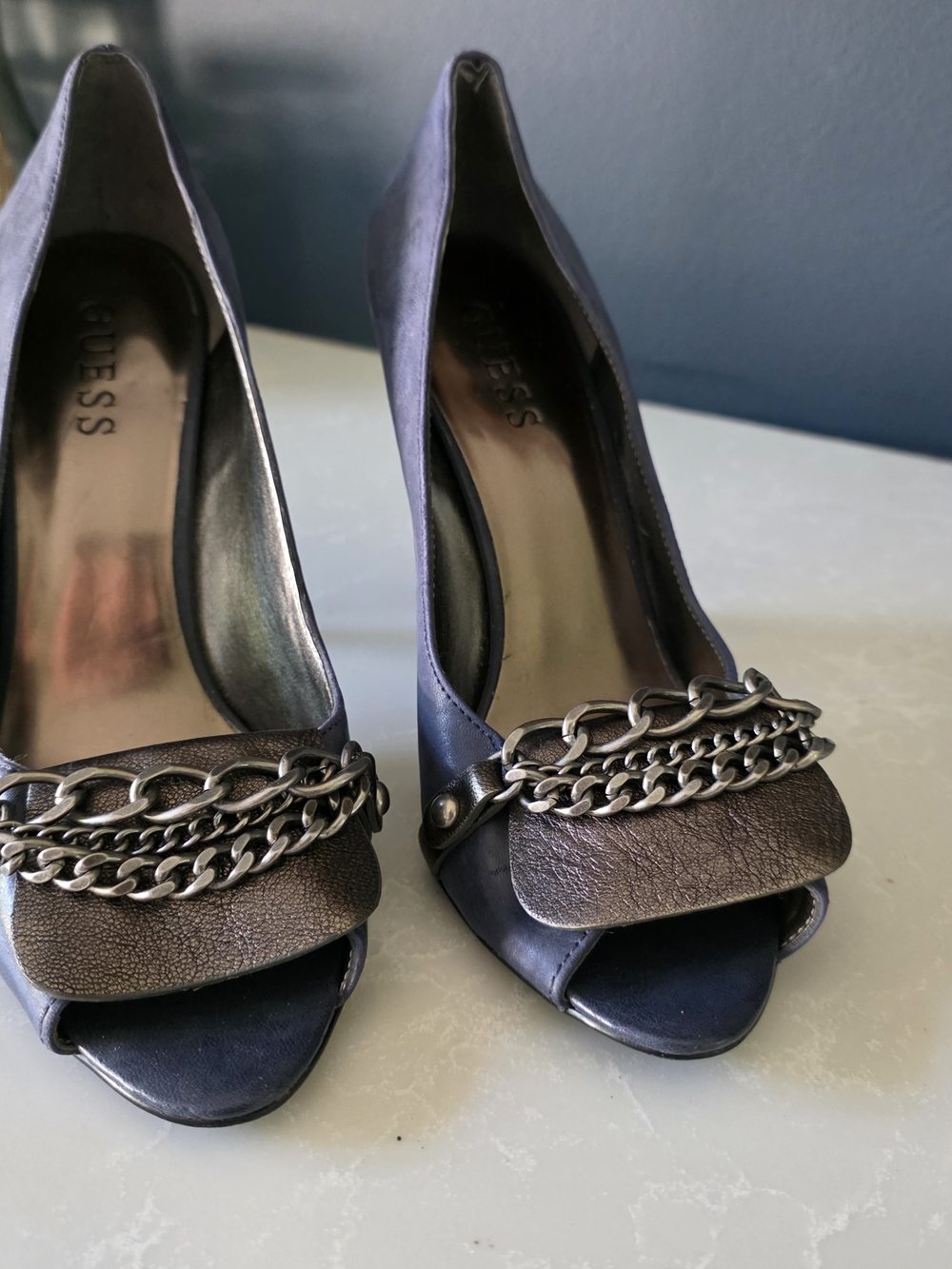 GUESS Navy Peep-Toe Heels with Silver Chain Accent